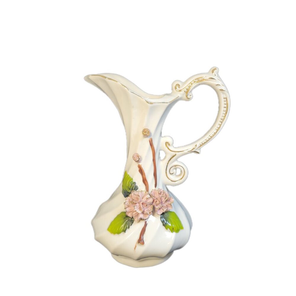 Porcelain Pitcher Spiral Vase 3D Flowers Made in Taiwan 7" X 5" Fairy Core